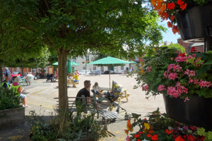 Crediton Town Square - sunny day and parasols